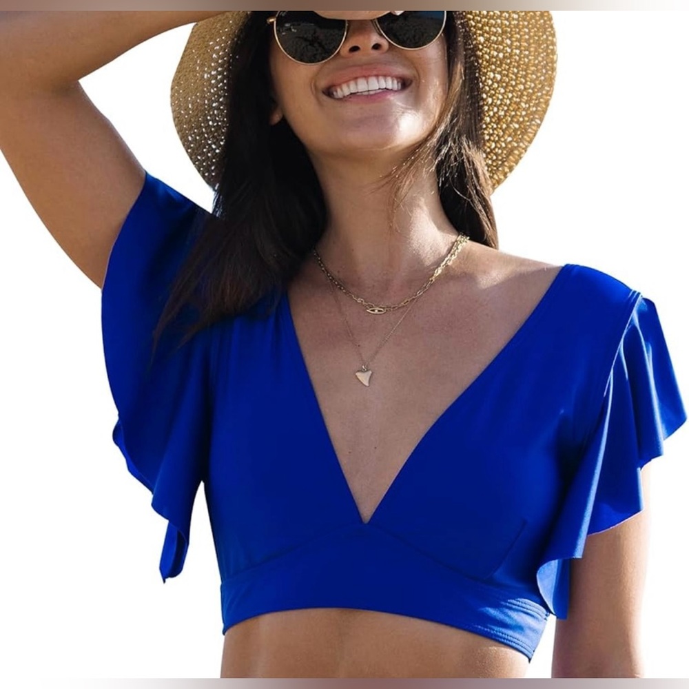 Elegant Blue Ruffled Women's Bikini Top Size Medium NWT